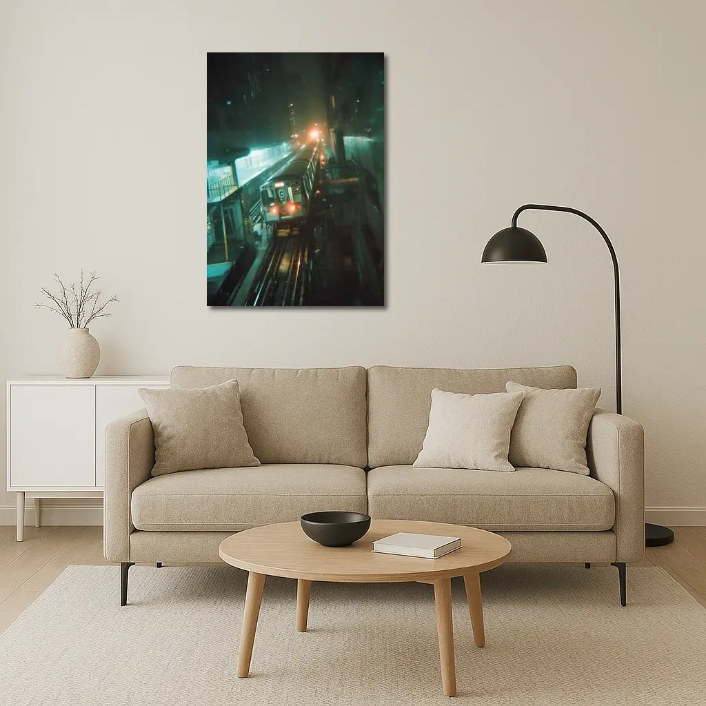 Night Train Arriving At Elevated City Station – Wall Art