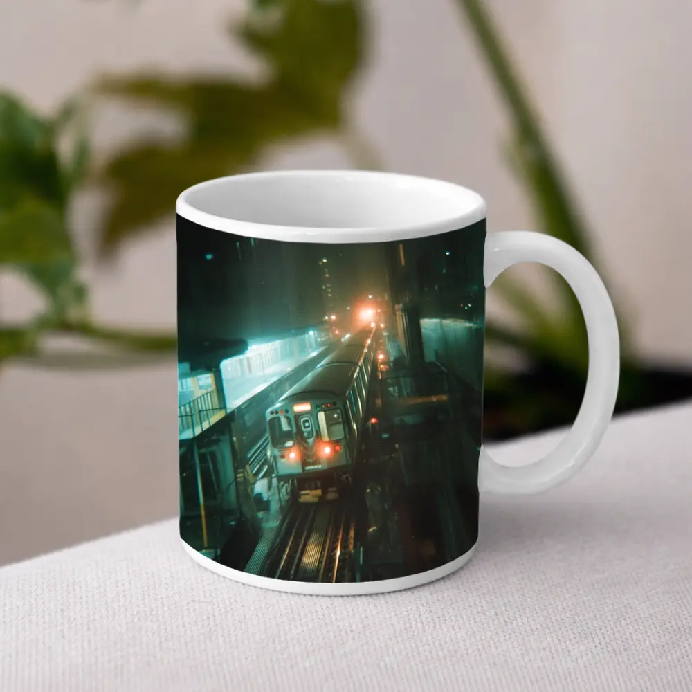 Night Train Arriving At Elevated City Station – Mugs