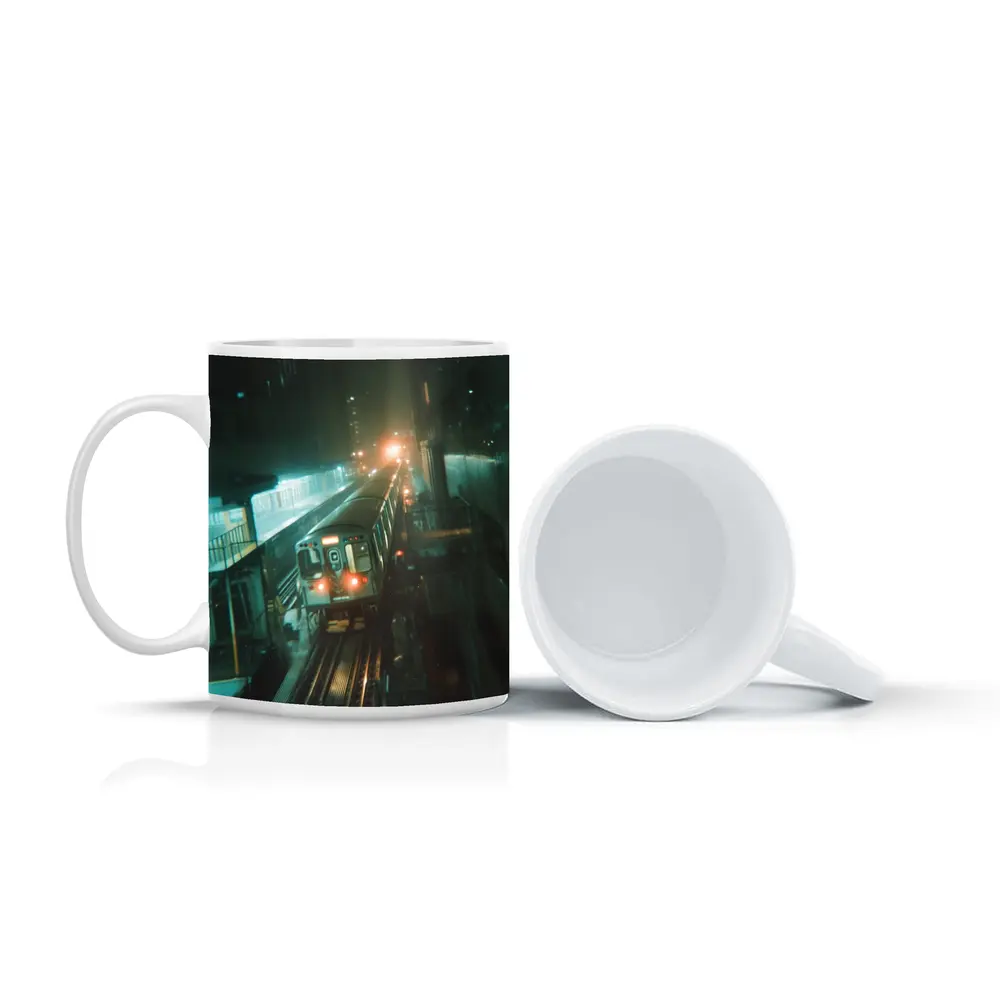 Night Train Arriving At Elevated City Station – Mugs