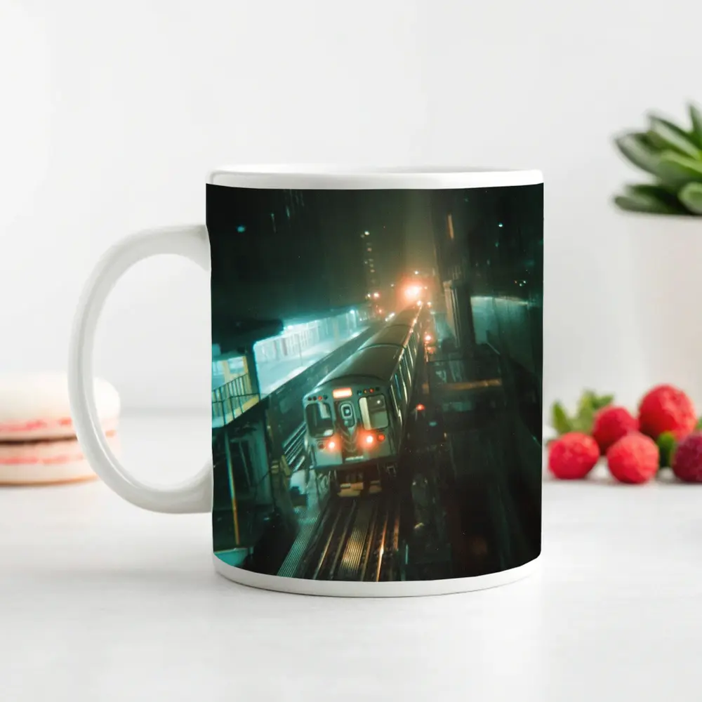 Night Train Arriving At Elevated City Station – Mugs
