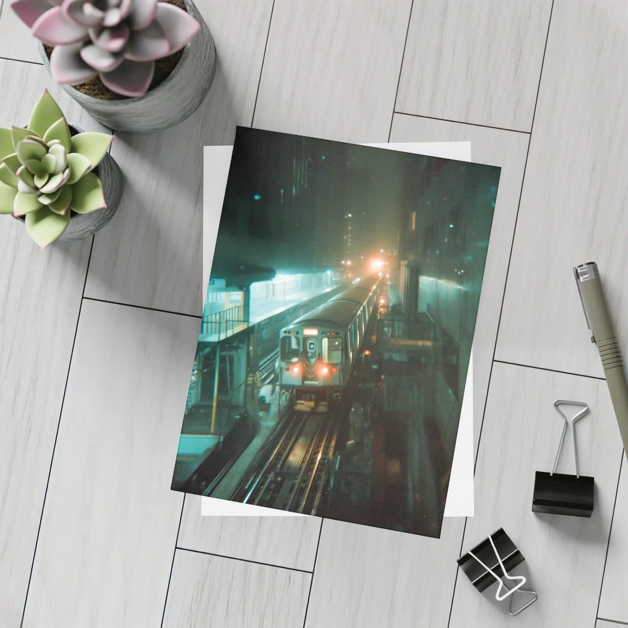Night Train Arriving At Elevated City Station – Postcards