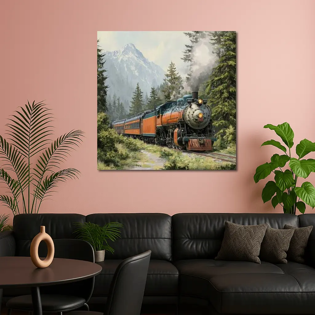 Vintage Steam Train Mountain Forest Illustration – Wall Art