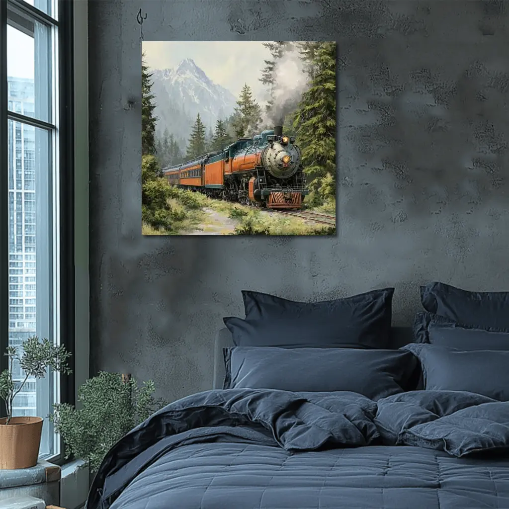Vintage Steam Train Mountain Forest Illustration – Wall Art