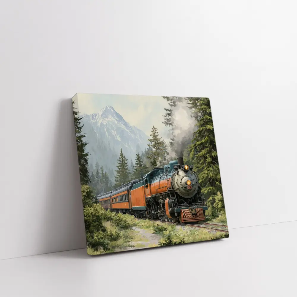 Vintage Steam Train Mountain Forest Illustration – Wall Art