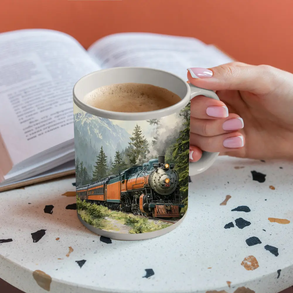 Vintage Steam Train Mountain Forest Illustration – Mugs