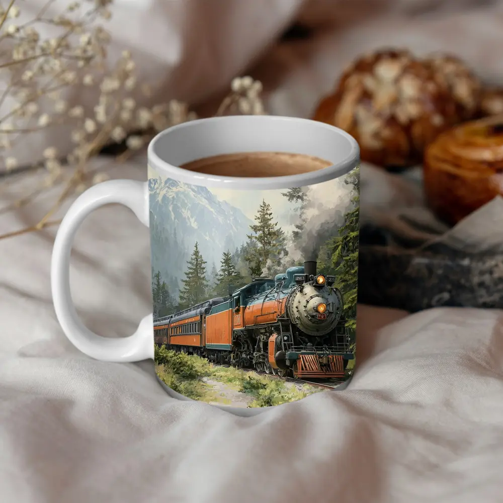 Vintage Steam Train Mountain Forest Illustration – Mugs