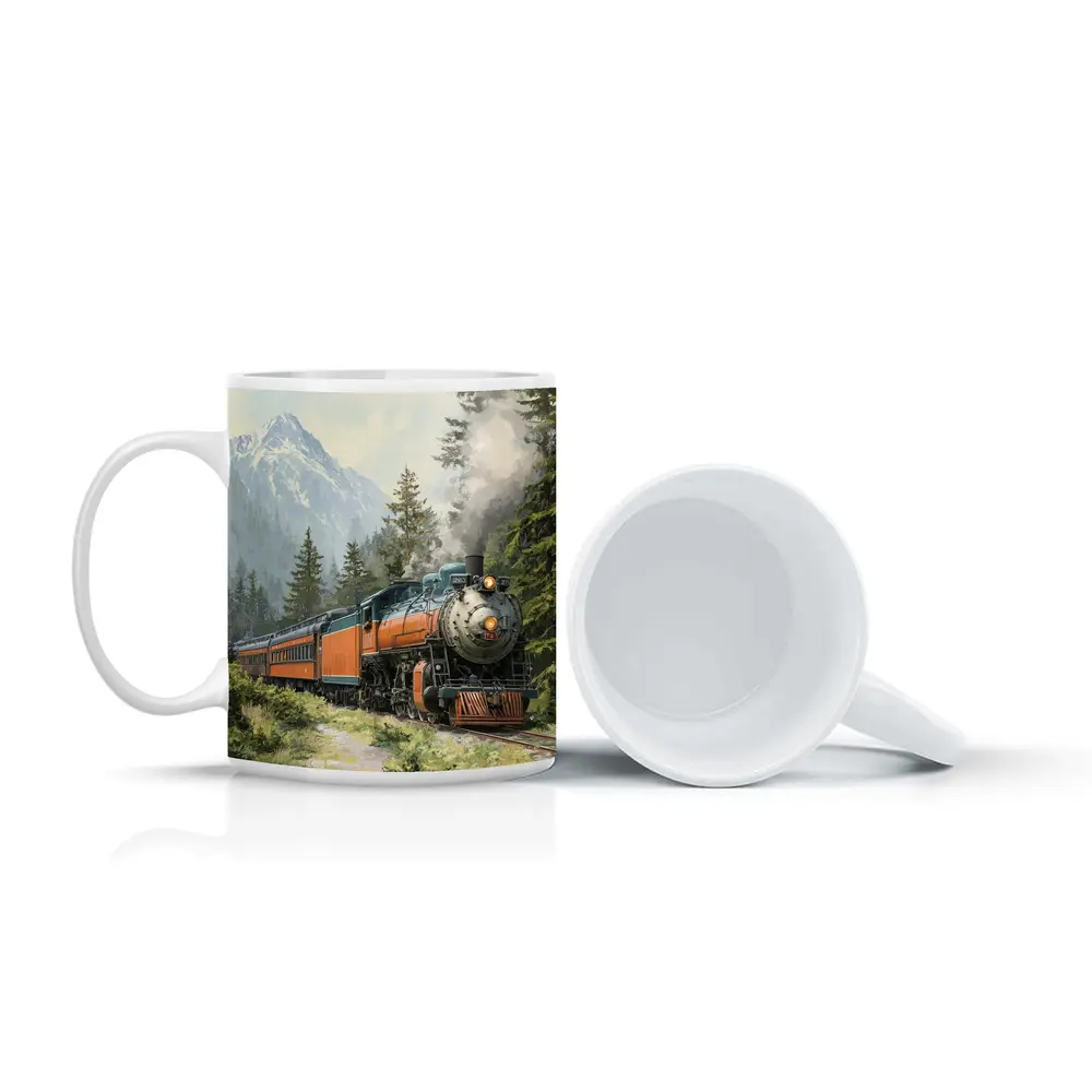 Vintage Steam Train Mountain Forest Illustration – Mugs