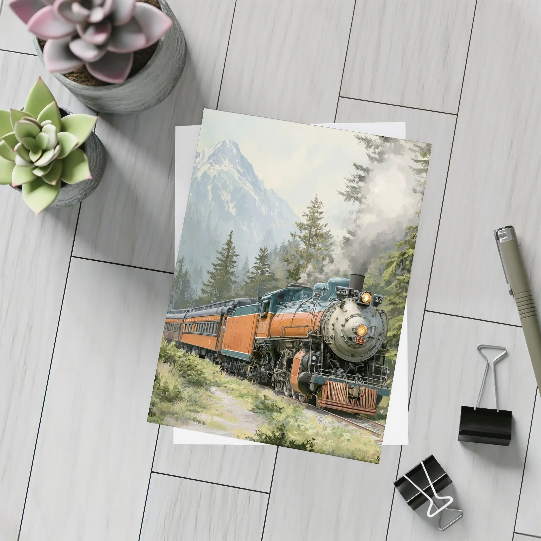 Vintage Steam Train Mountain Forest Illustration – Postcards
