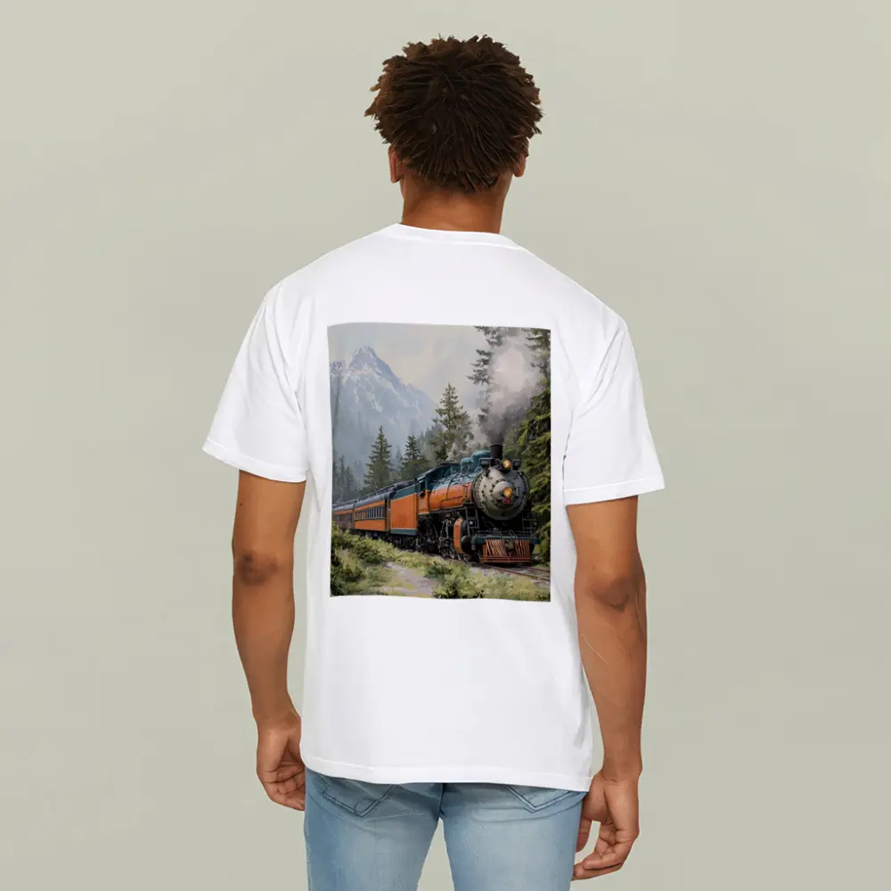 Vintage Steam Train Mountain Forest Illustration – T-Shirts