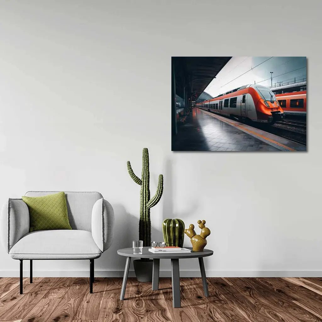 Orange DB Train Arriving At Rainy Station – Wall Art