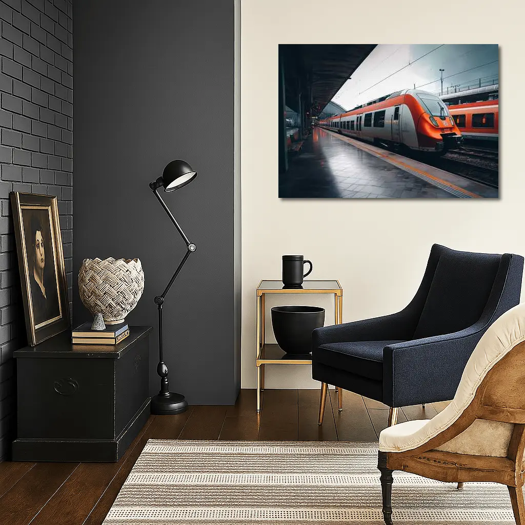Orange DB Train Arriving At Rainy Station – Wall Art