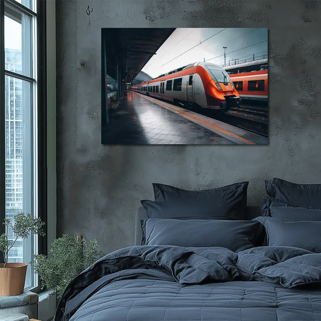 Orange DB Train Arriving At Rainy Station – Wall Art