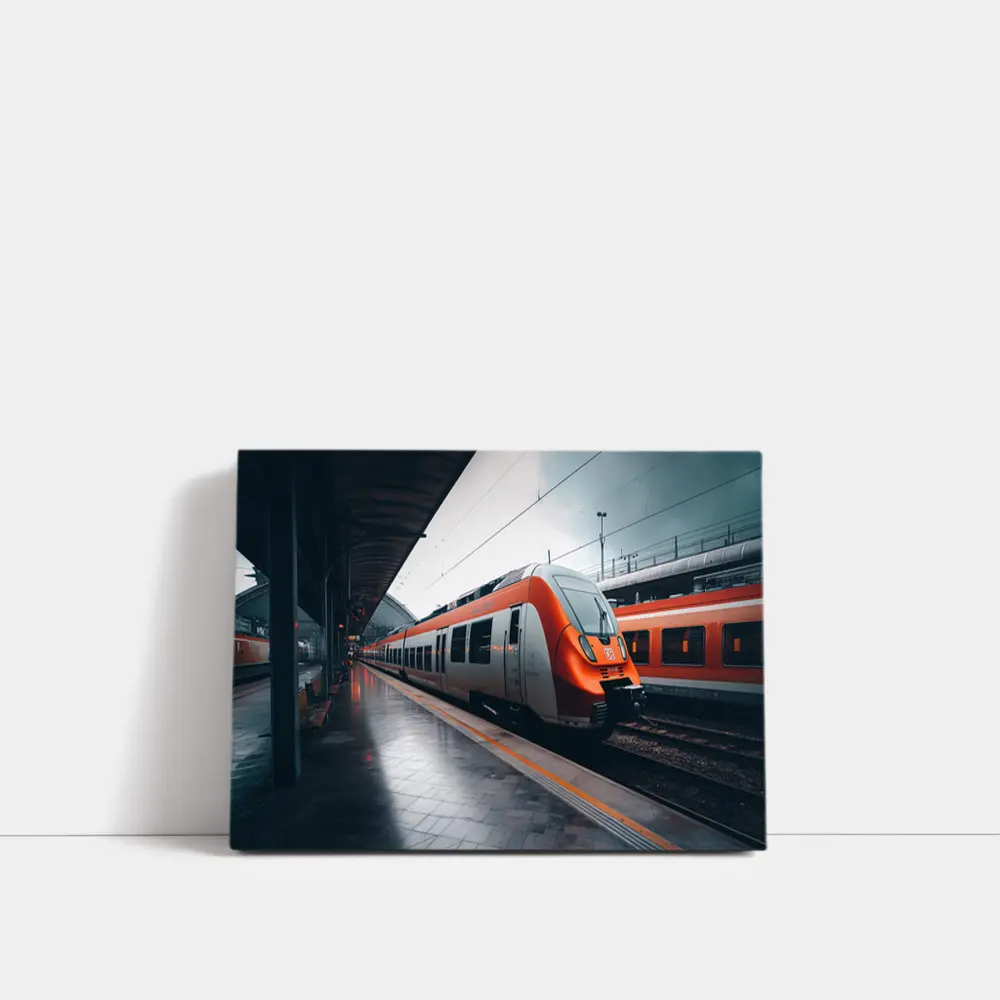 Orange DB Train Arriving At Rainy Station – Wall Art