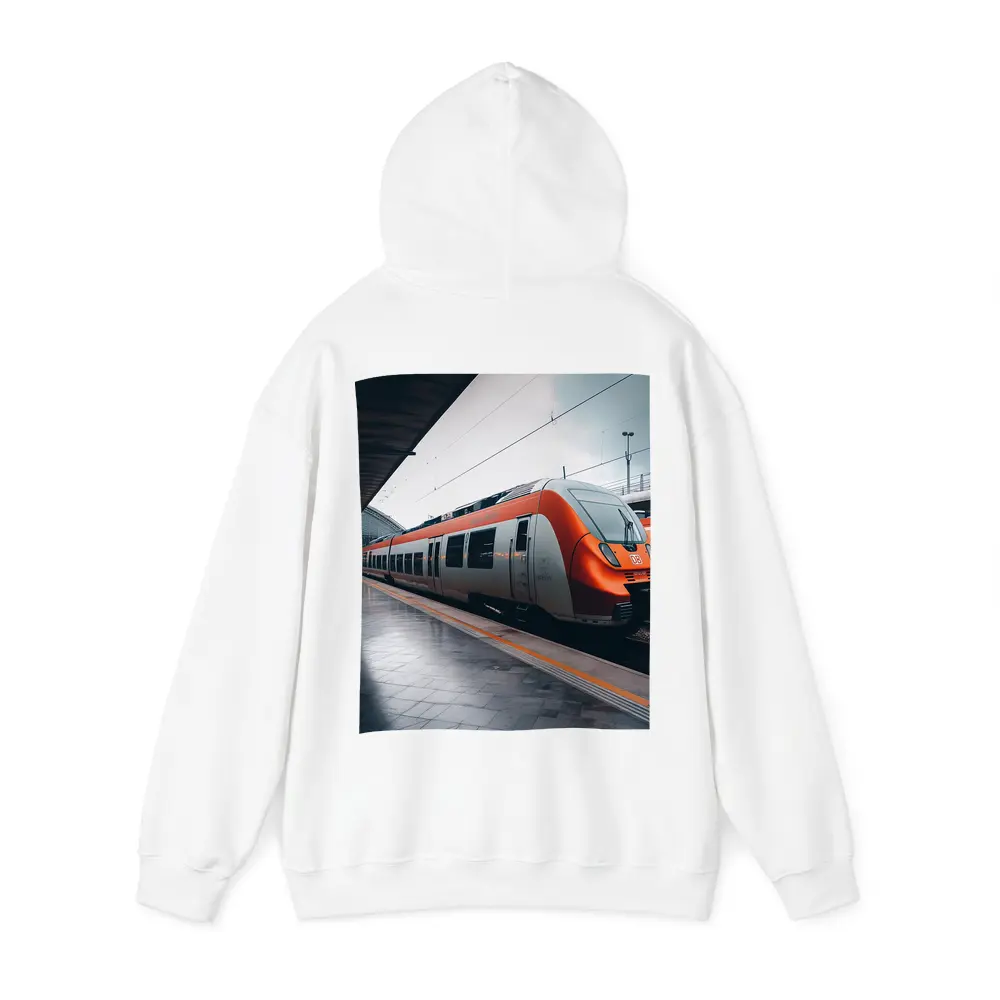 Orange DB Train Arriving At Rainy Station – Hoodies