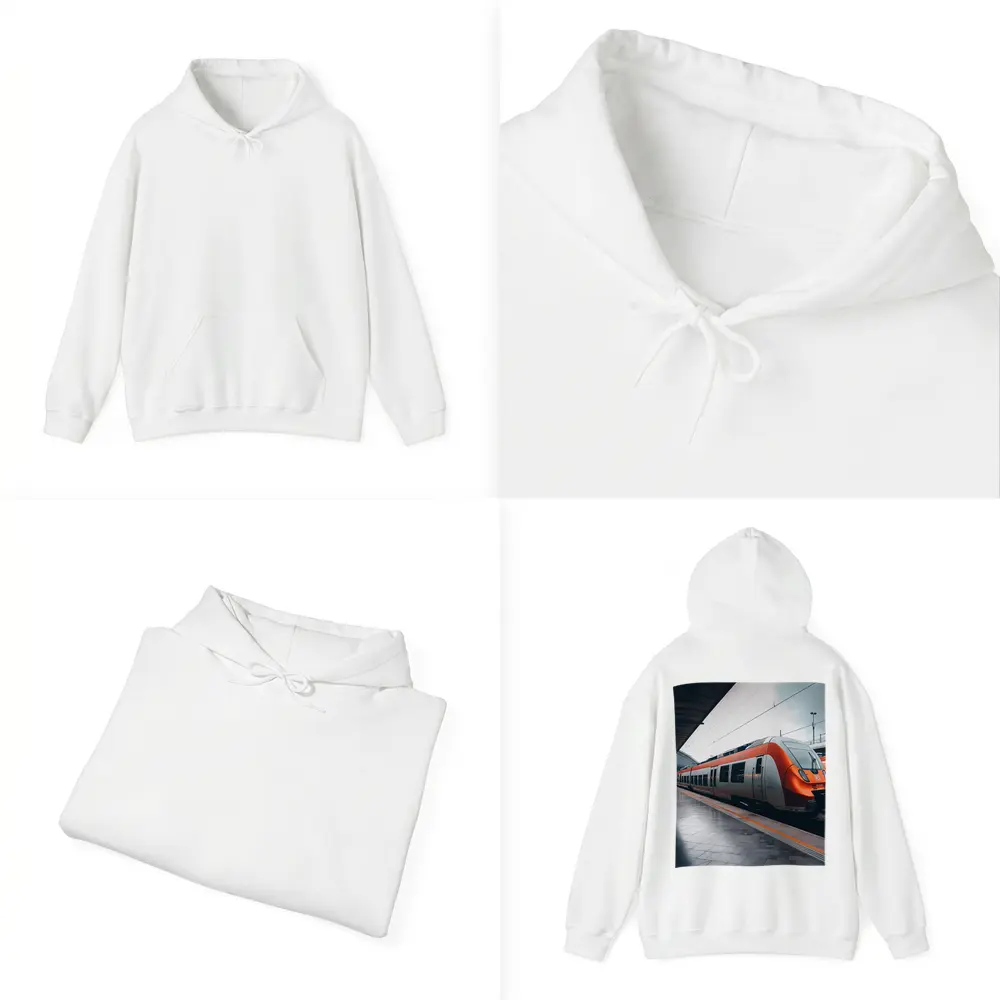 Orange DB Train Arriving At Rainy Station – Hoodies