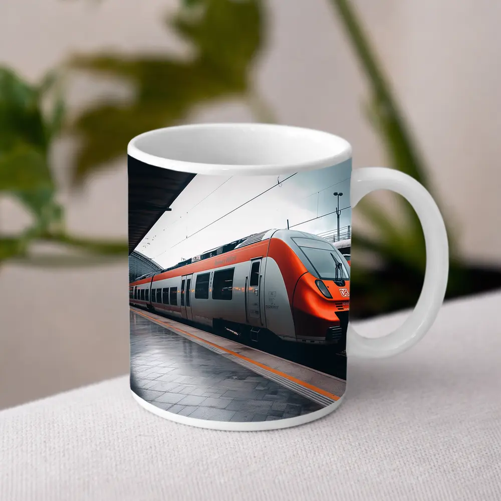 Orange DB Train Arriving At Rainy Station – Mugs