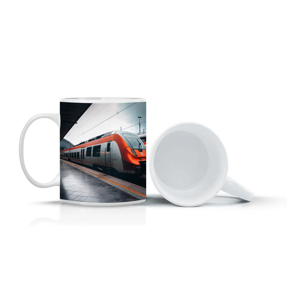 Orange DB Train Arriving At Rainy Station – Mugs