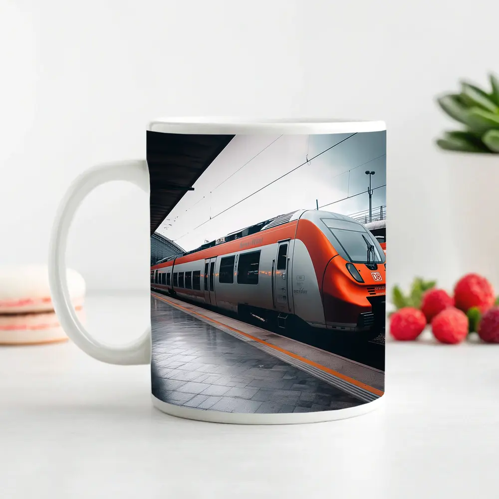 Orange DB Train Arriving At Rainy Station – Mugs
