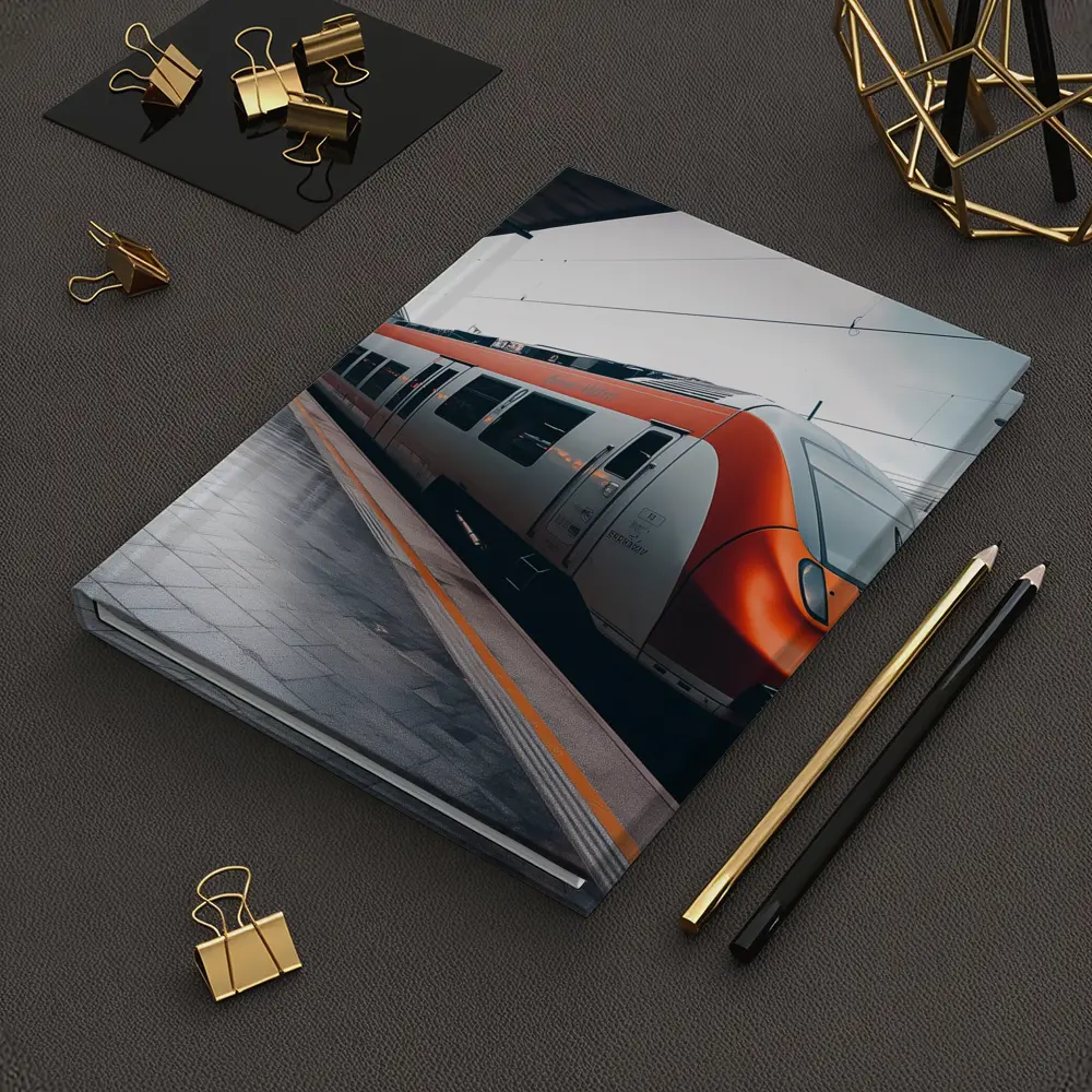 Orange DB Train Arriving At Rainy Station – Notebooks