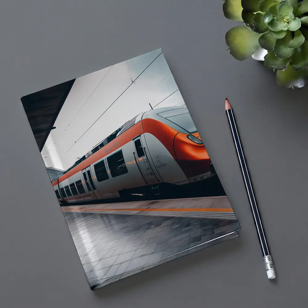Orange DB Train Arriving At Rainy Station – Notebooks