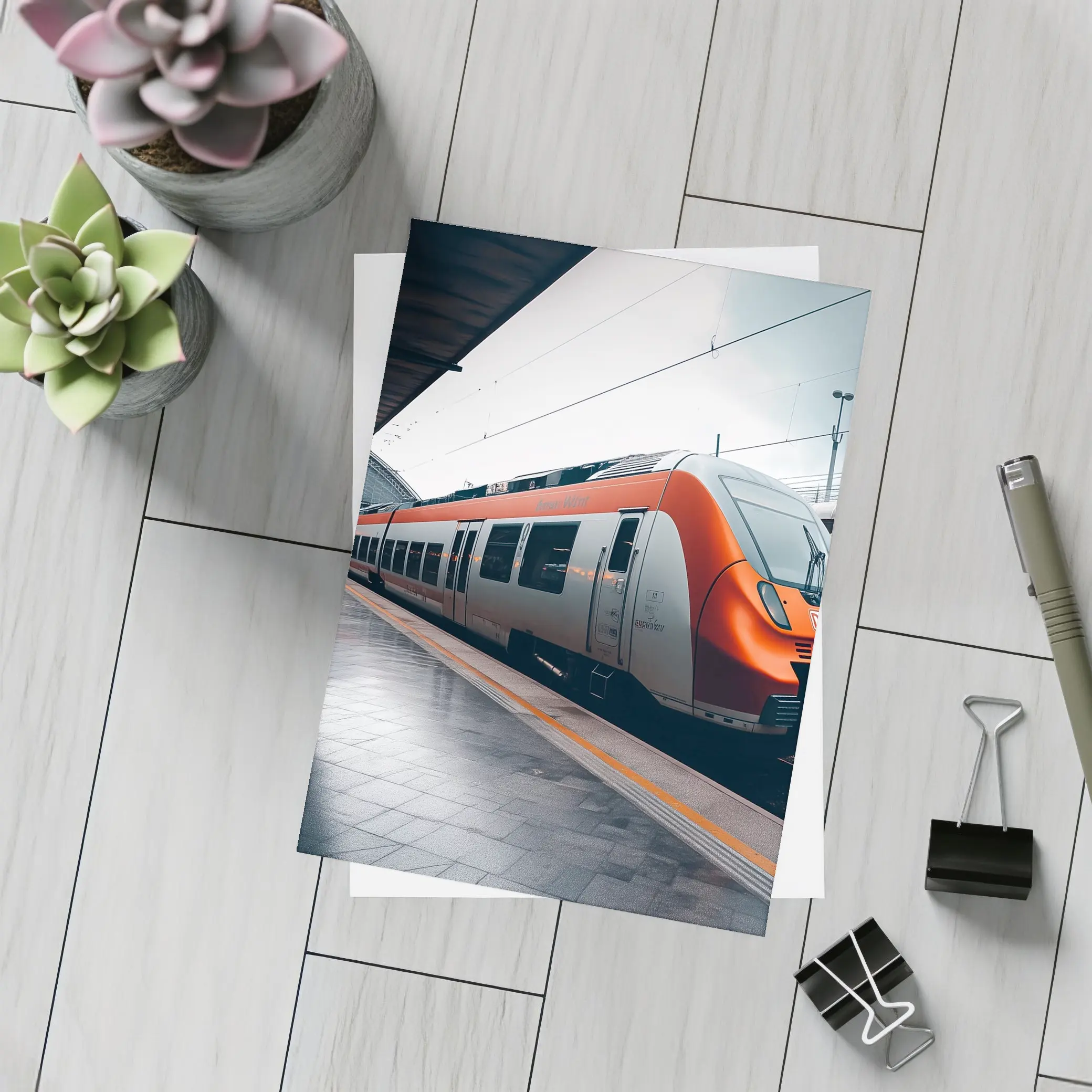 Orange DB Train Arriving At Rainy Station – Postcards
