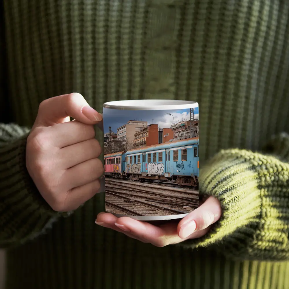 Blue Graffiti Train Urban City Background – Mugs
