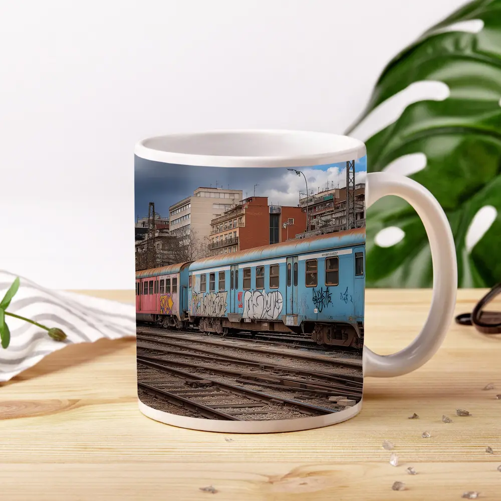 Blue Graffiti Train Urban City Background – Mugs