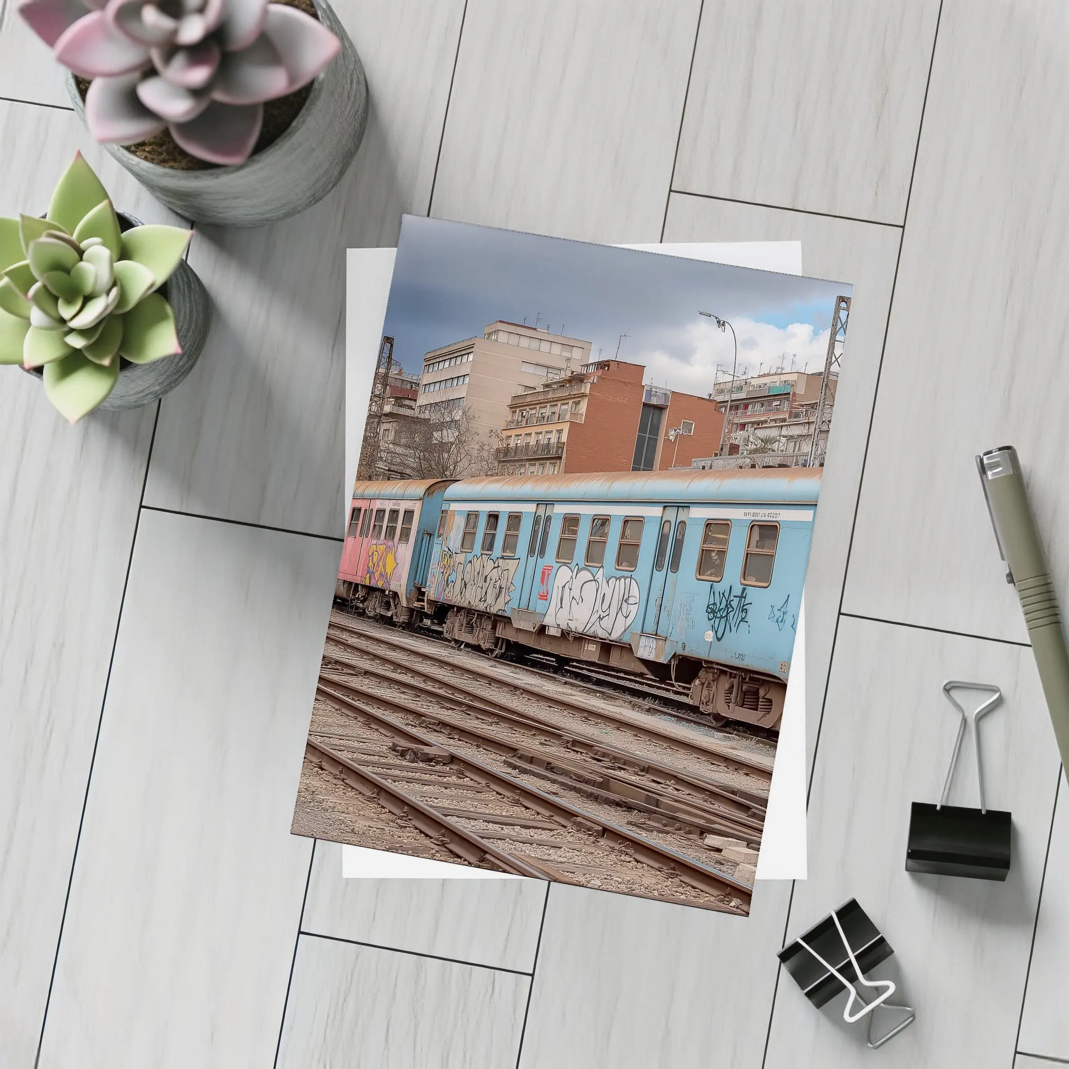 Blue Graffiti Train Urban City Background – Postcards