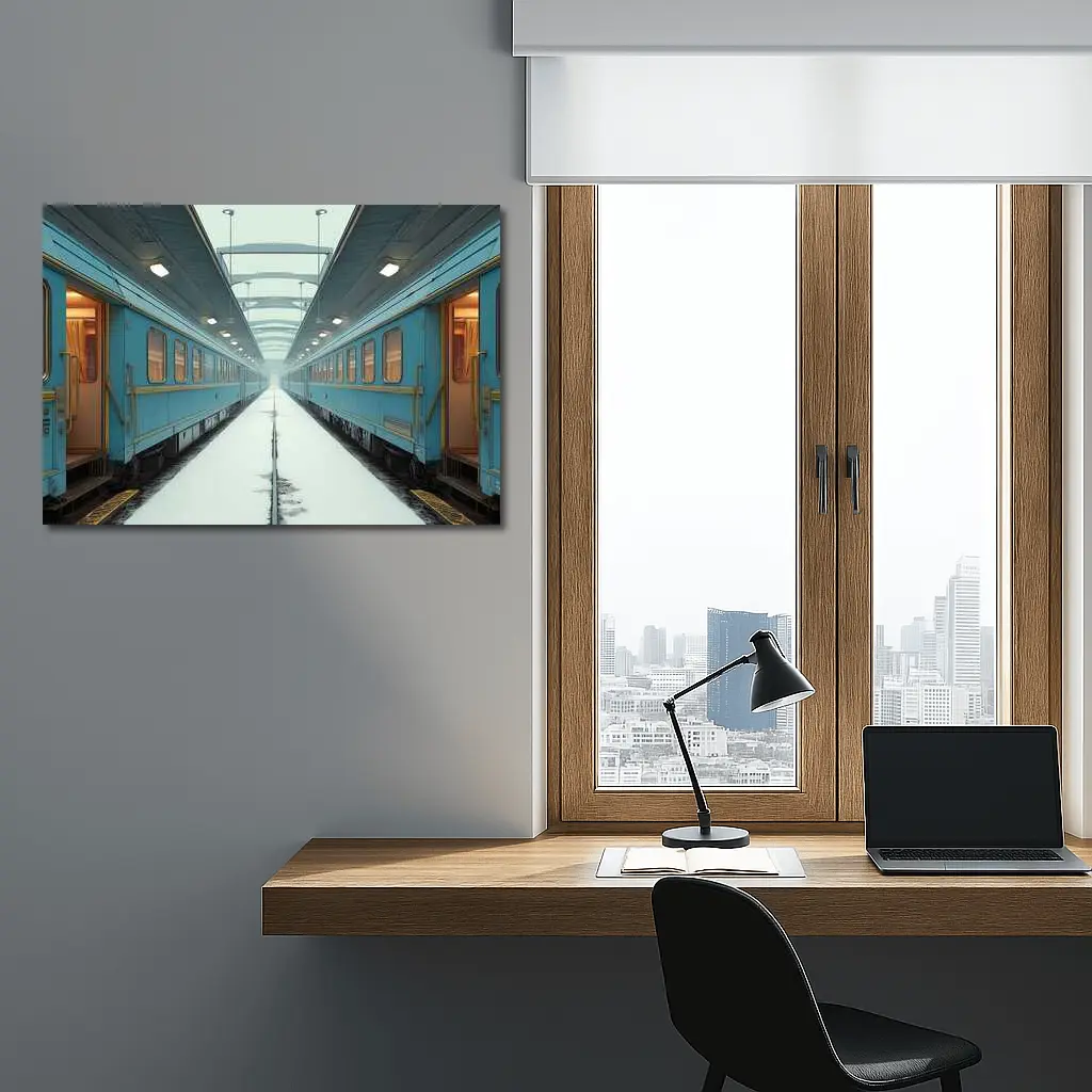Blue Train Cars Snowy Platform Symmetrical View – Wall Art