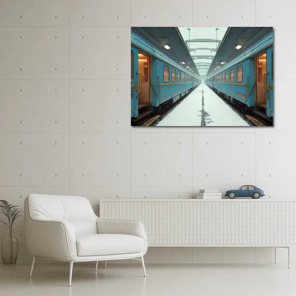 Blue Train Cars Snowy Platform Symmetrical View – Wall Art