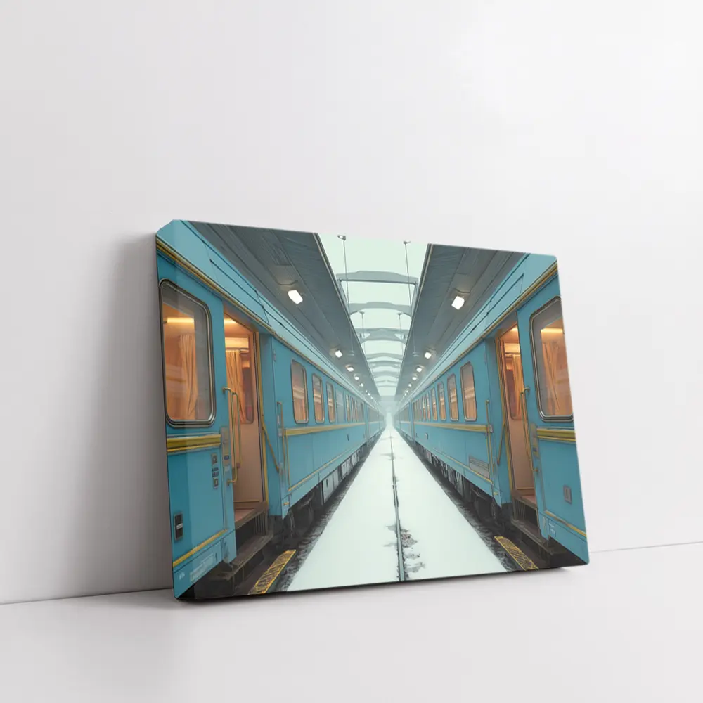 Blue Train Cars Snowy Platform Symmetrical View – Wall Art