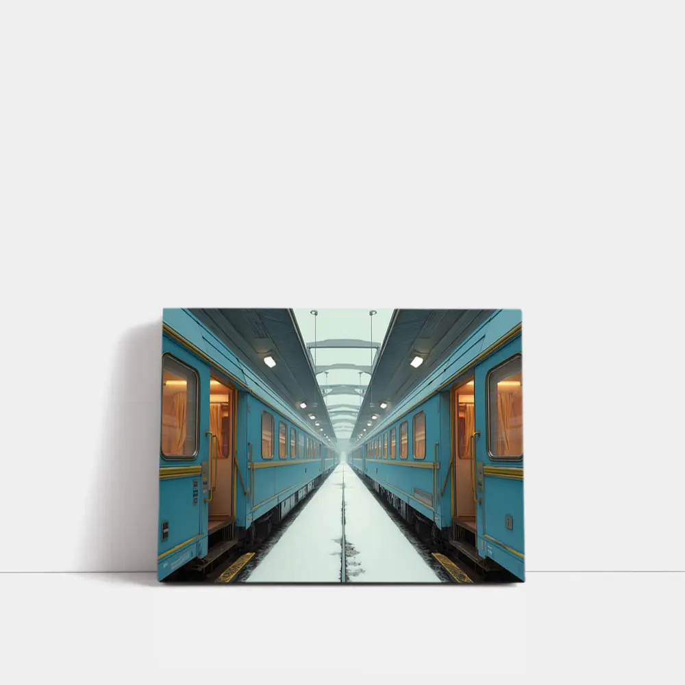 Blue Train Cars Snowy Platform Symmetrical View – Wall Art