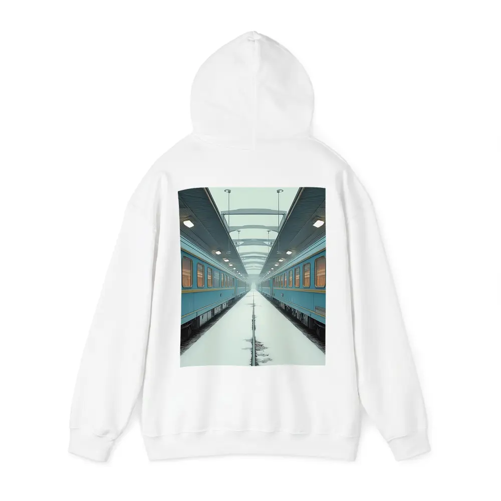 Blue Train Cars Snowy Platform Symmetrical View – Hoodies