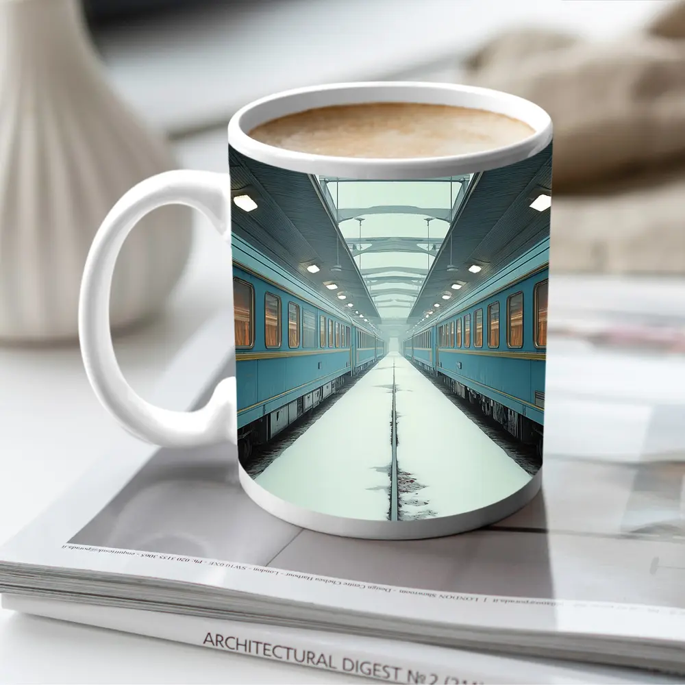 Blue Train Cars Snowy Platform Symmetrical View – Mugs