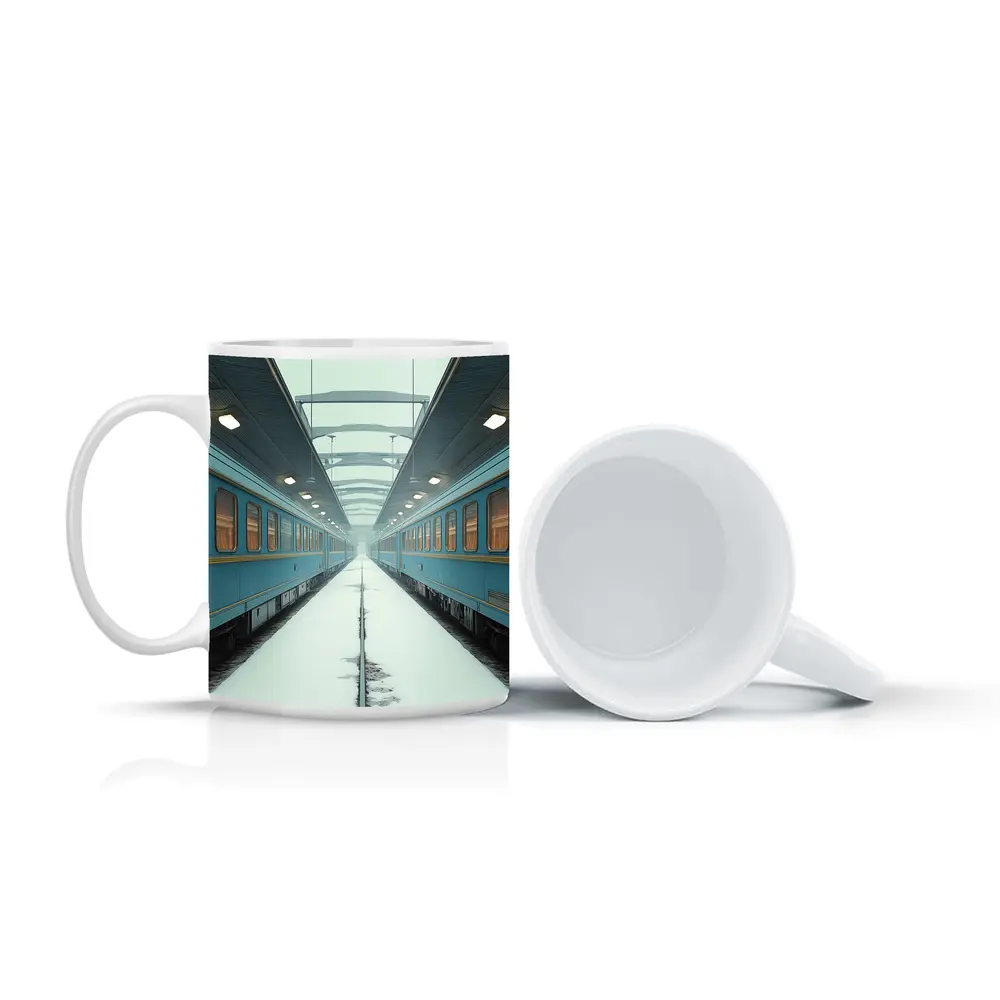 Blue Train Cars Snowy Platform Symmetrical View – Mugs