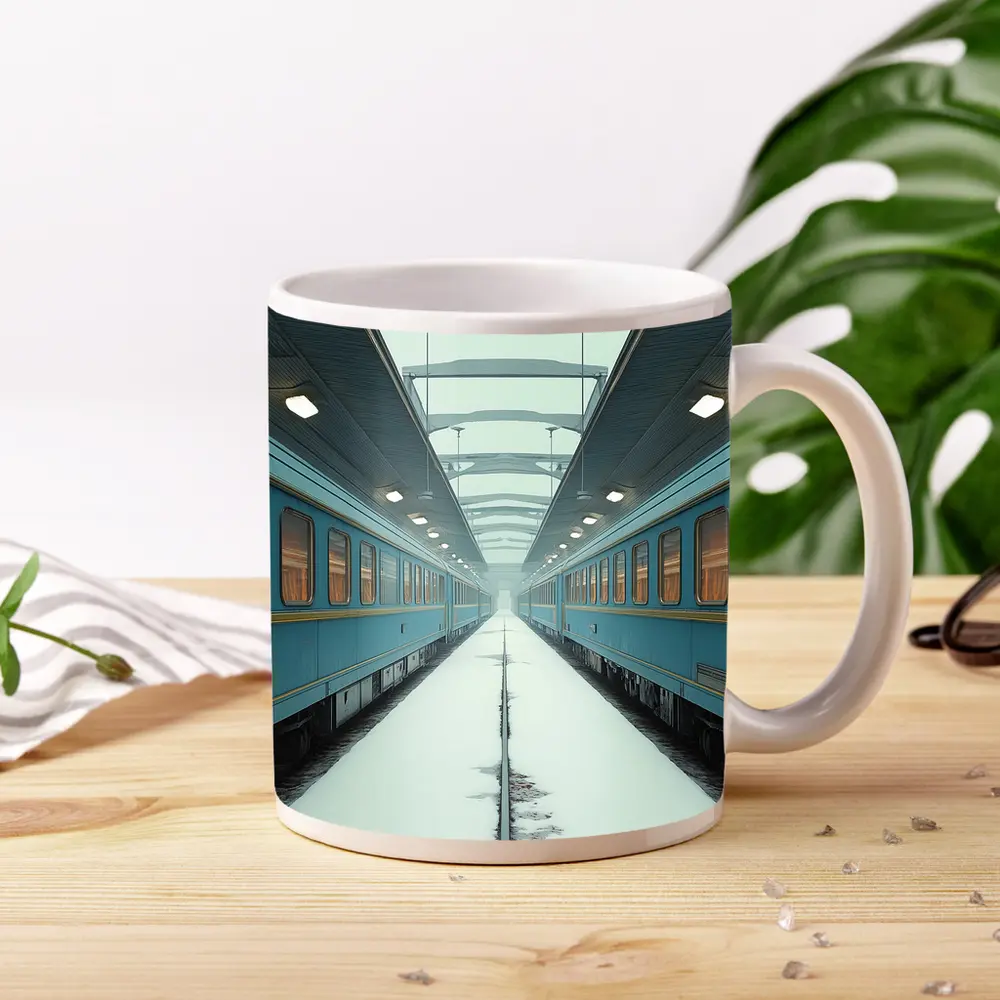 Blue Train Cars Snowy Platform Symmetrical View – Mugs