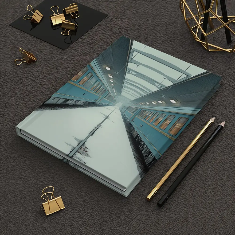 Blue Train Cars Snowy Platform Symmetrical View – Notebooks