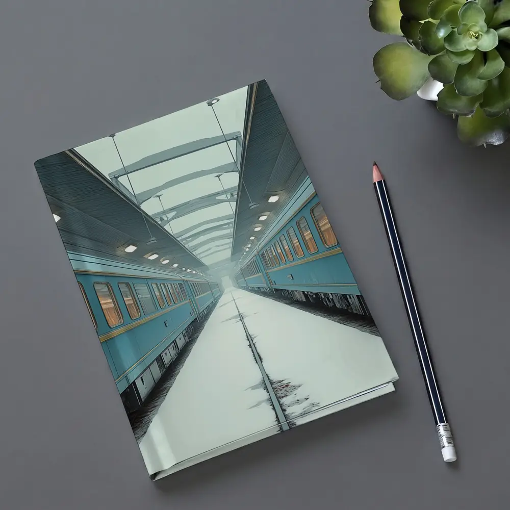 Blue Train Cars Snowy Platform Symmetrical View – Notebooks
