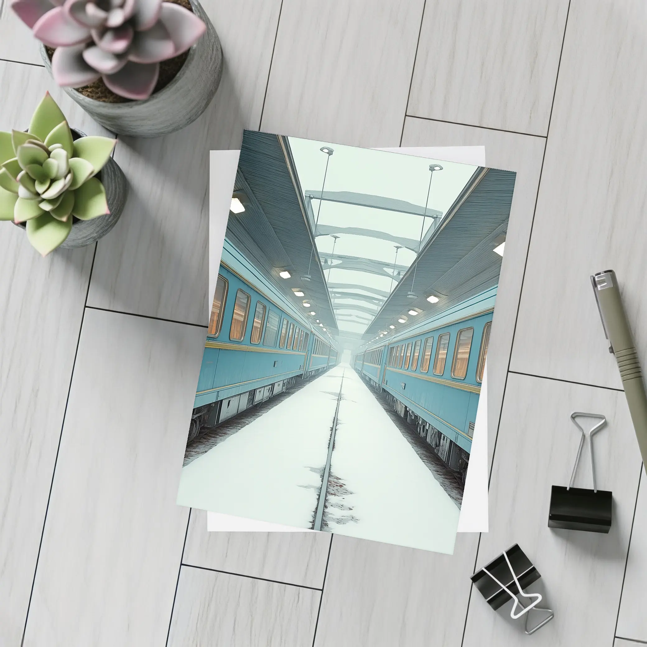 Blue Train Cars Snowy Platform Symmetrical View – Postcards