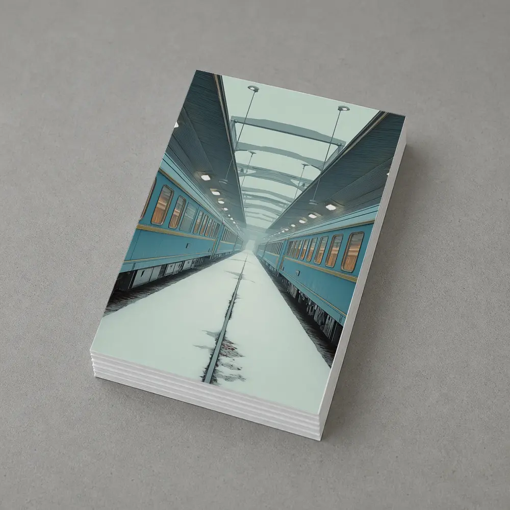 Blue Train Cars Snowy Platform Symmetrical View – Postcards