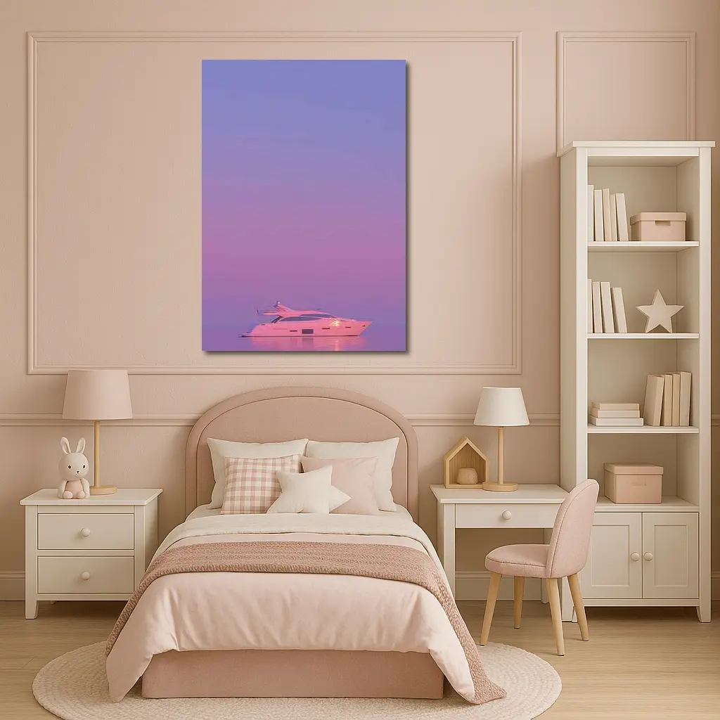 White Yacht Sailing Purple Sunset Ocean – Wall Art
