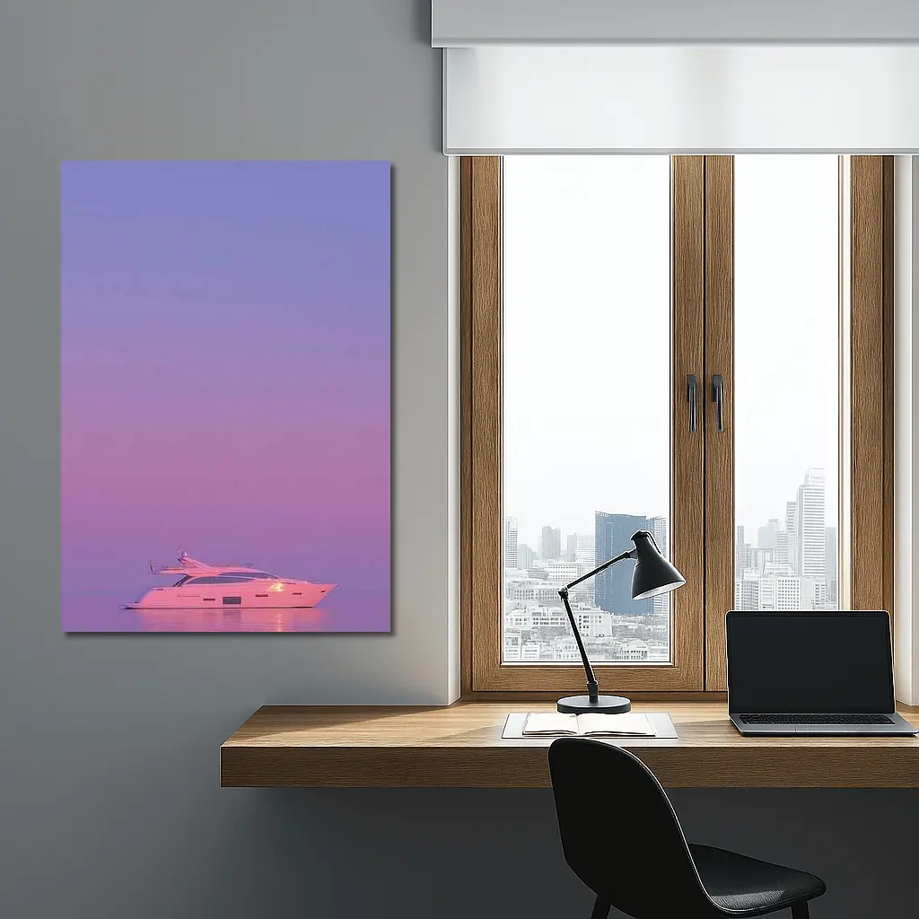 White Yacht Sailing Purple Sunset Ocean – Wall Art