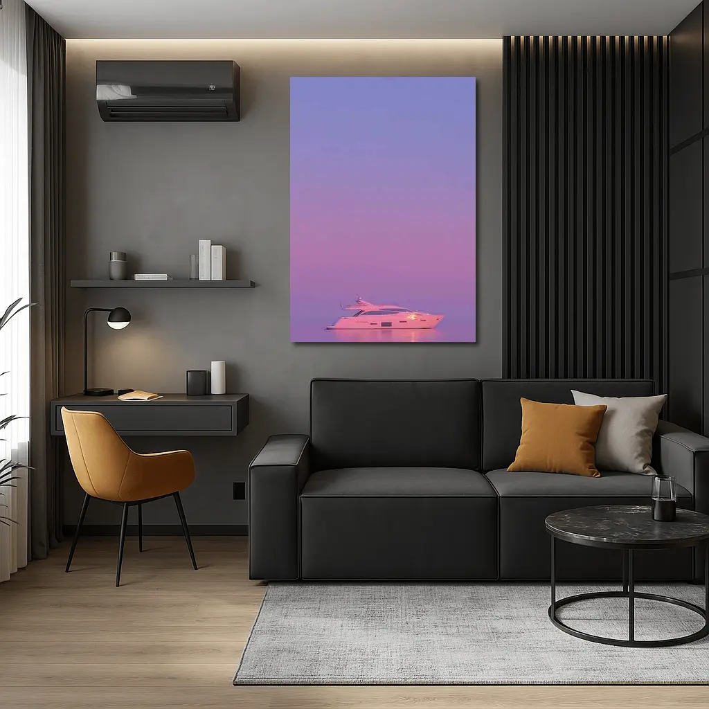 White Yacht Sailing Purple Sunset Ocean – Wall Art