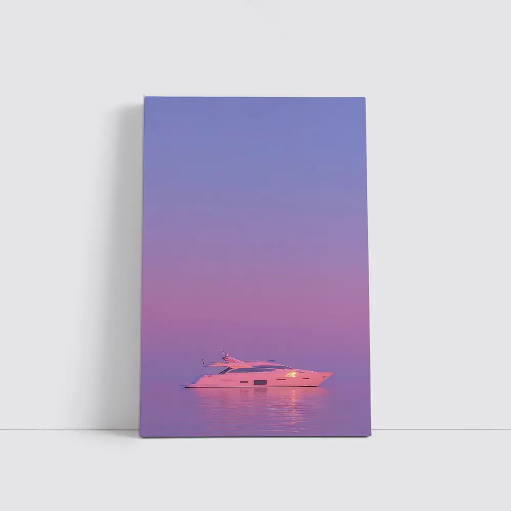 White Yacht Sailing Purple Sunset Ocean – Wall Art