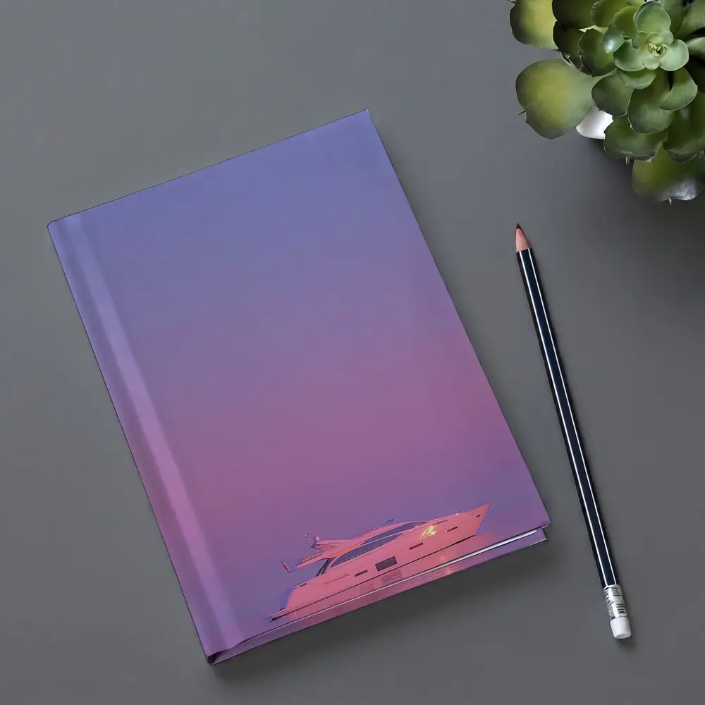 White Yacht Sailing Purple Sunset Ocean – Notebooks