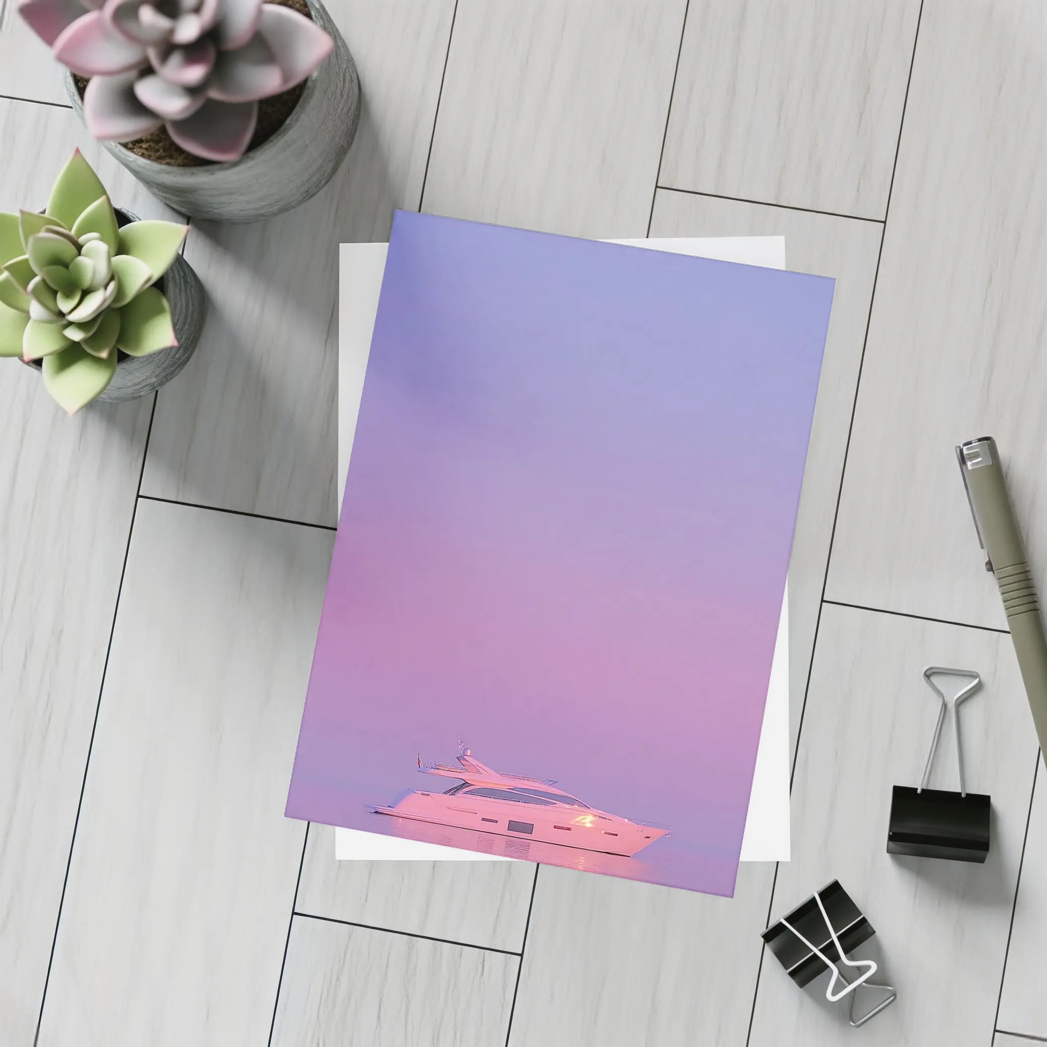 White Yacht Sailing Purple Sunset Ocean – Postcards