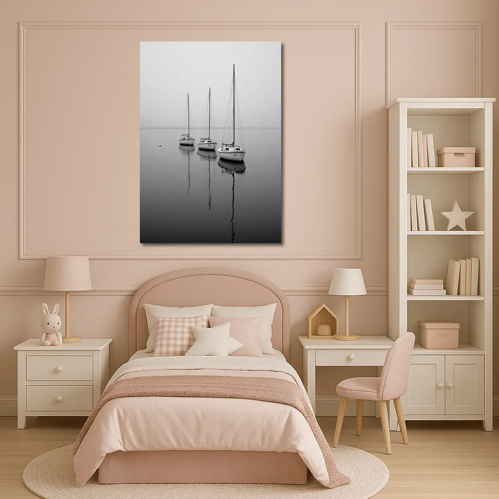 Three Sailboats Reflecting on Foggy Water – Wall Art