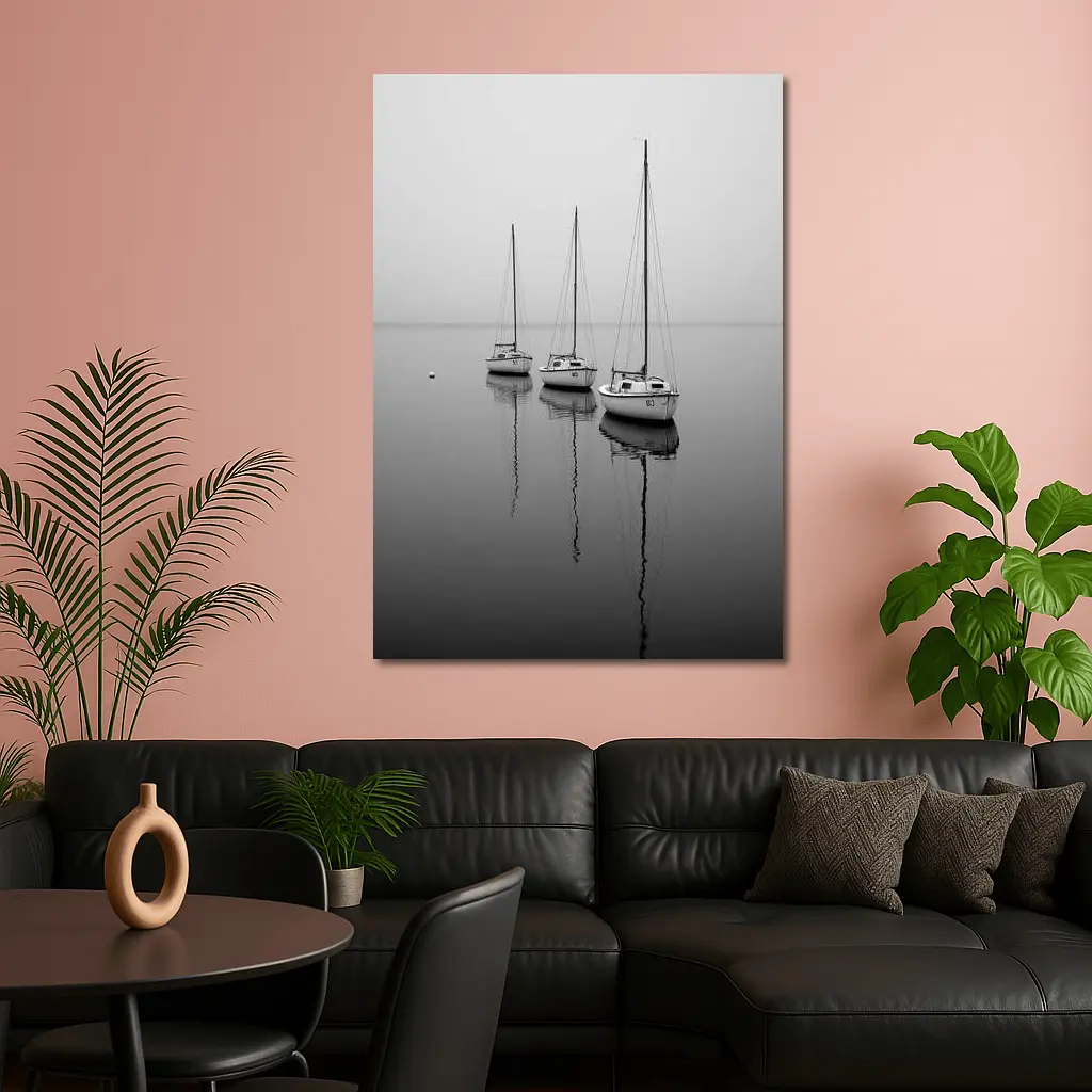 Three Sailboats Reflecting on Foggy Water – Wall Art