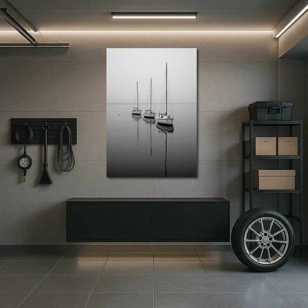 Three Sailboats Reflecting on Foggy Water – Wall Art