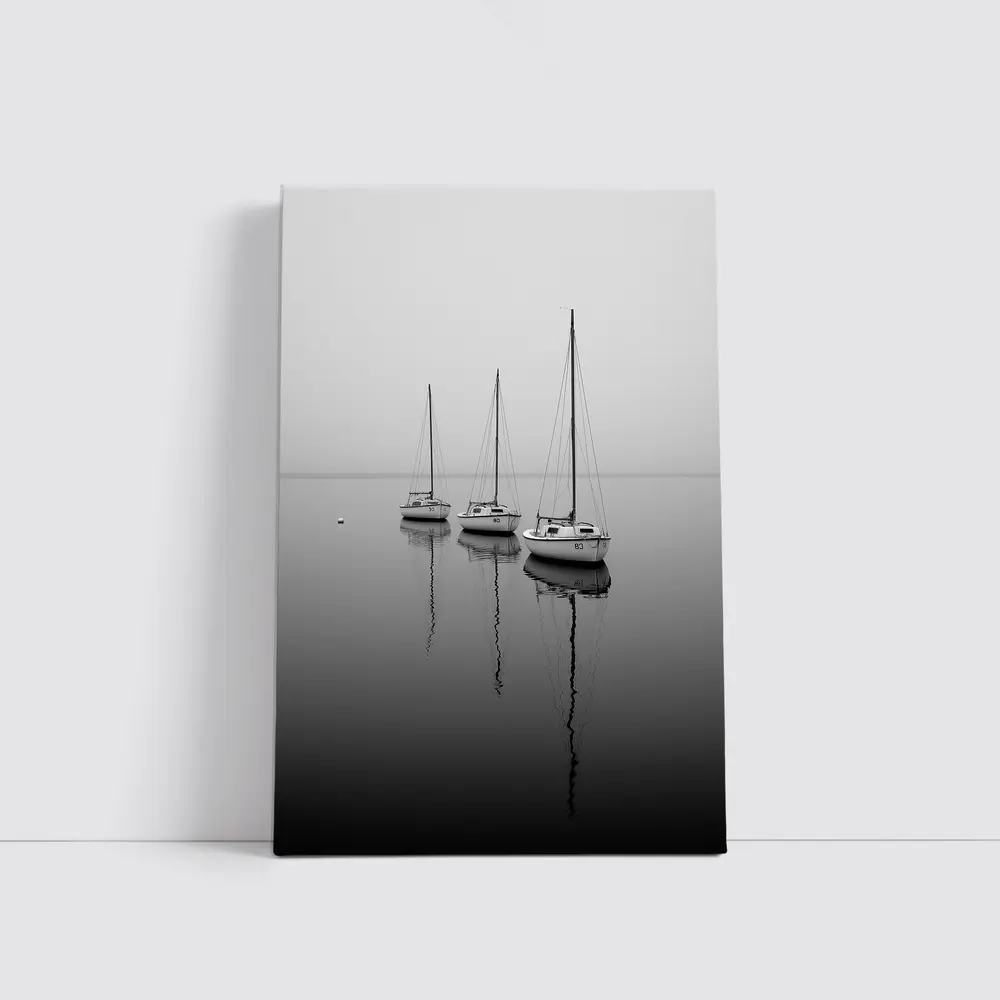 Three Sailboats Reflecting on Foggy Water – Wall Art